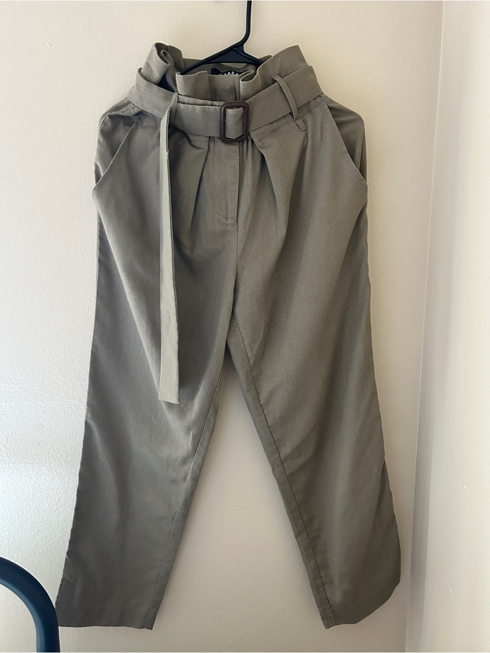 CAARA High Waisted Paperbag Belted Linen Blend Pants Olive Khaki M